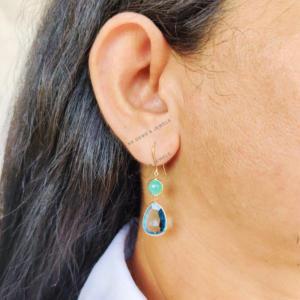 Natural Sky Blue Topaz & Chrysoprase Earrings, 14K Solid Yellow Gold, December Birthstone