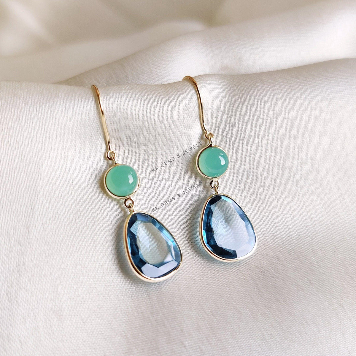 Natural Sky Blue Topaz & Chrysoprase Earrings, 14K Solid Yellow Gold, December Birthstone