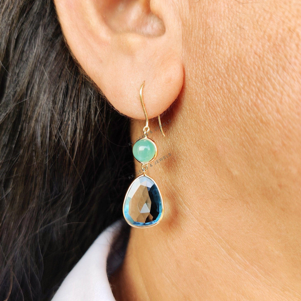 Natural Sky Blue Topaz & Chrysoprase Earrings, 14K Solid Yellow Gold, December Birthstone