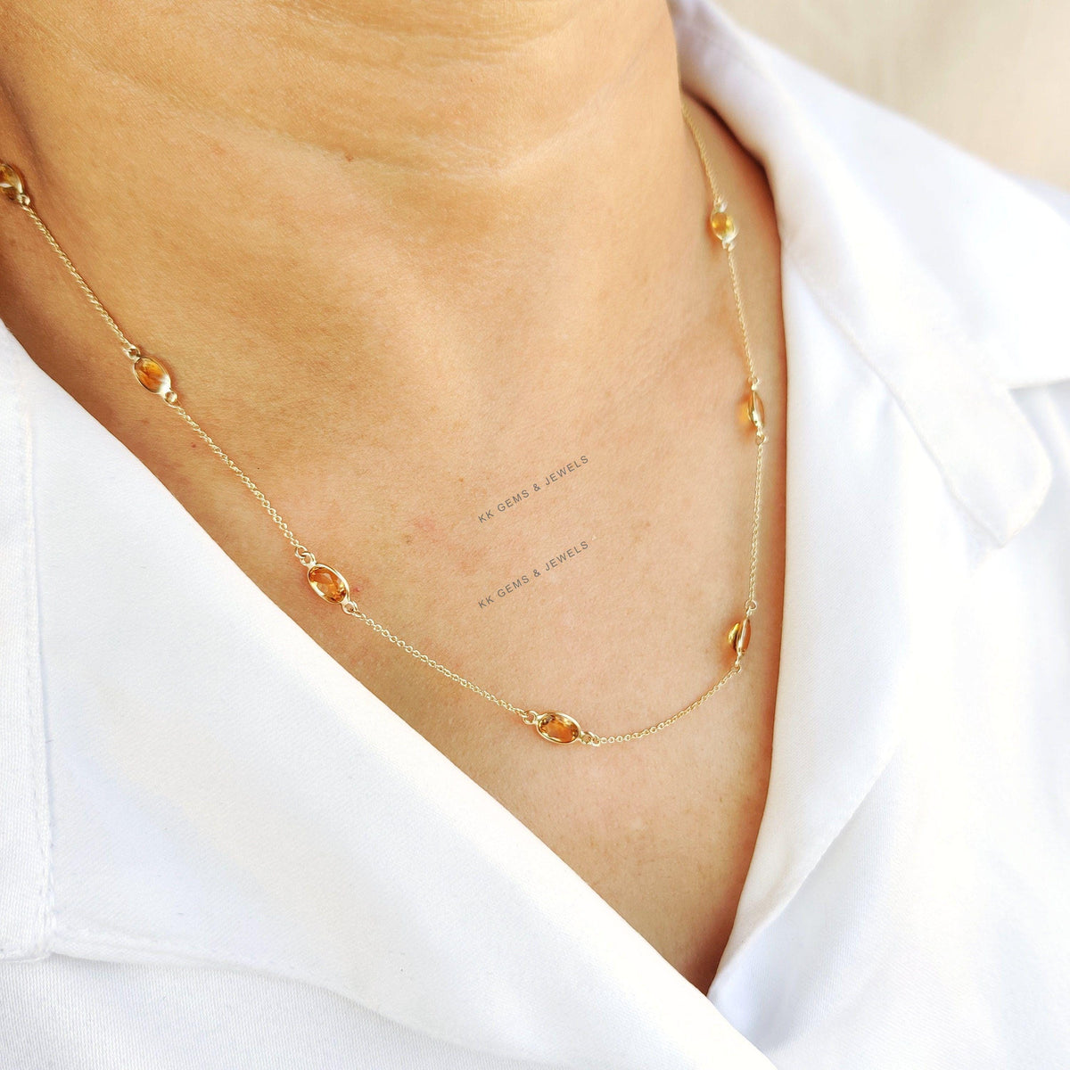 14K Solid Yellow Gold Natural Citrine Bezel Necklace, November Birthstone