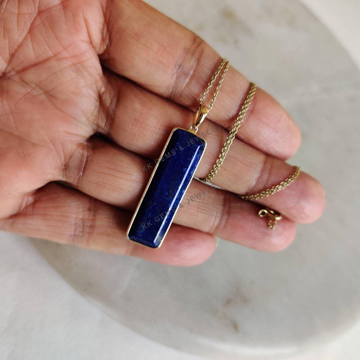 14K Solid Yellow Gold Natural Lapis Lazuli Pendant: September Birthstone Jewelry, Christmas Present