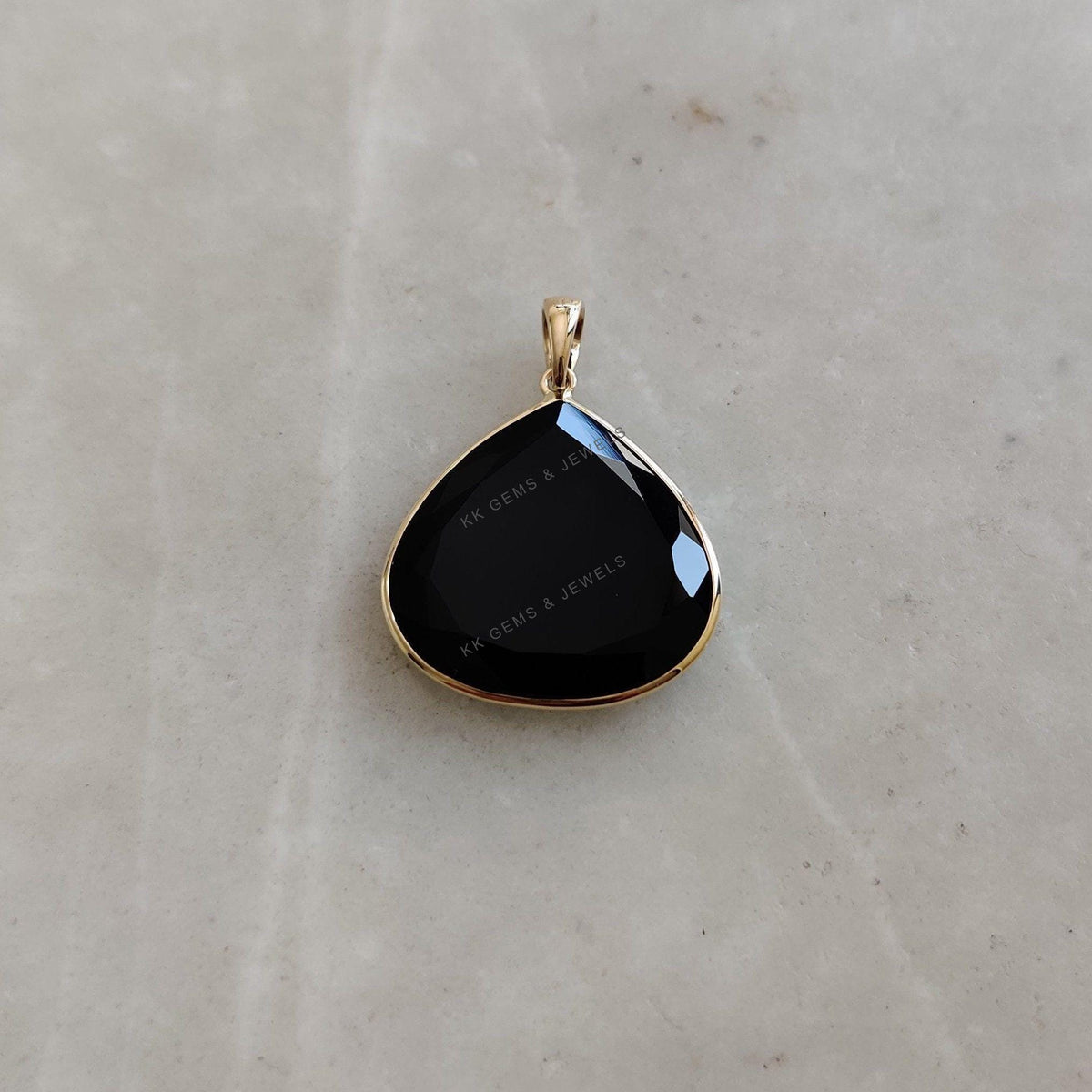 Natural Black Onyx Trillion Pendant, 14K Solid Yellow Gold, December Birthstone