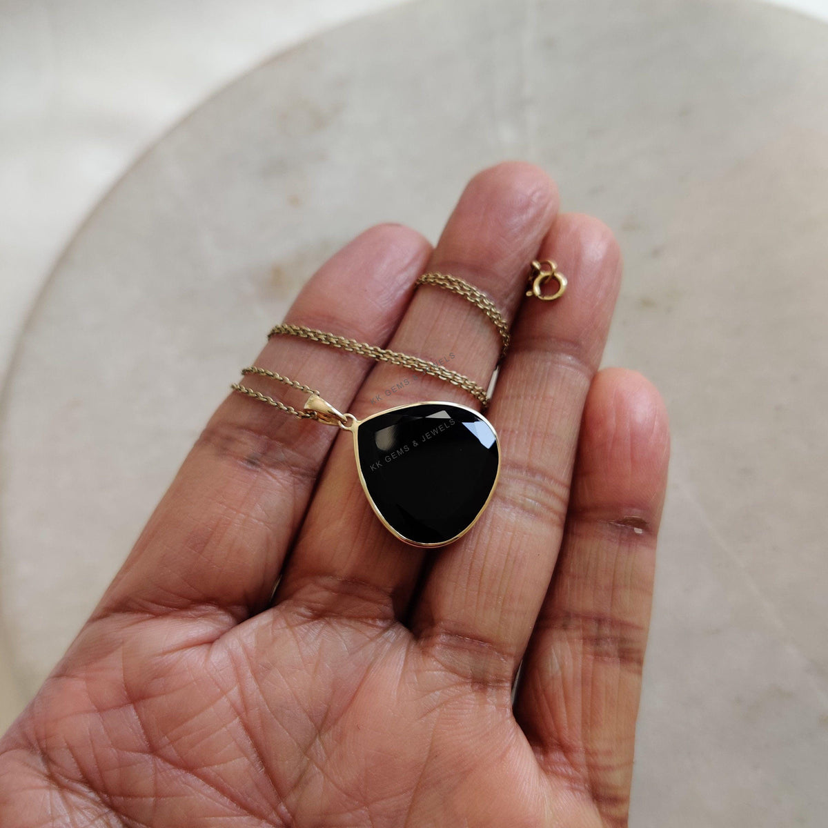 Natural Black Onyx Trillion Pendant, 14K Solid Yellow Gold, December Birthstone