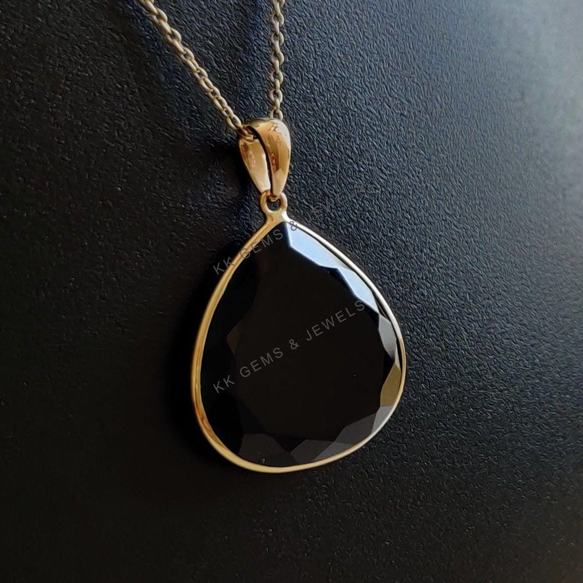 Natural Black Onyx Trillion Pendant, 14K Solid Yellow Gold, December Birthstone