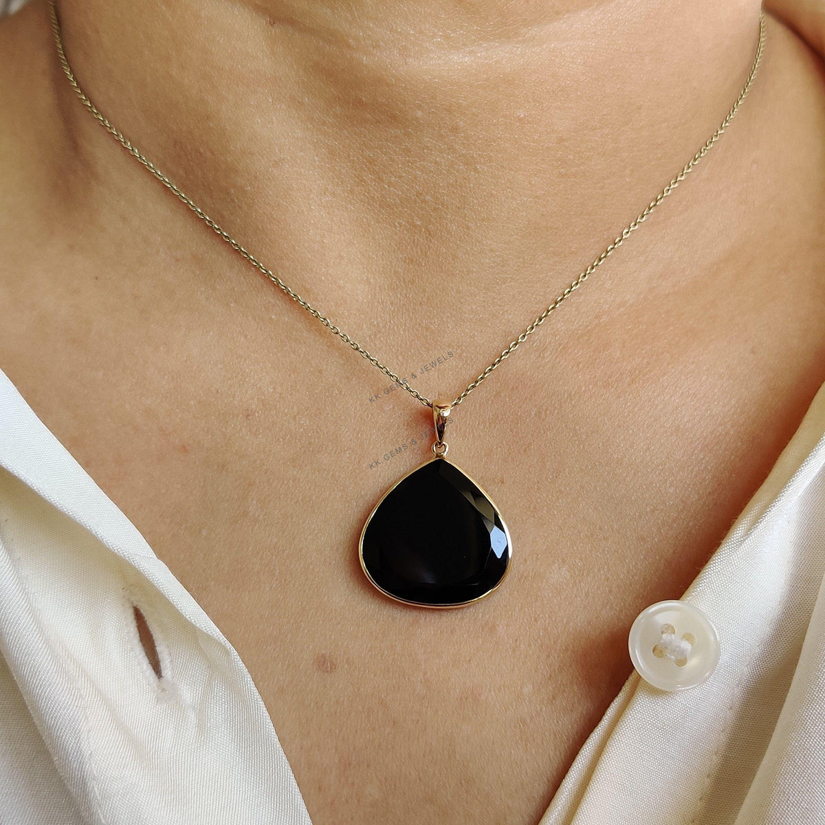 Natural Black Onyx Trillion Pendant, 14K Solid Yellow Gold, December Birthstone