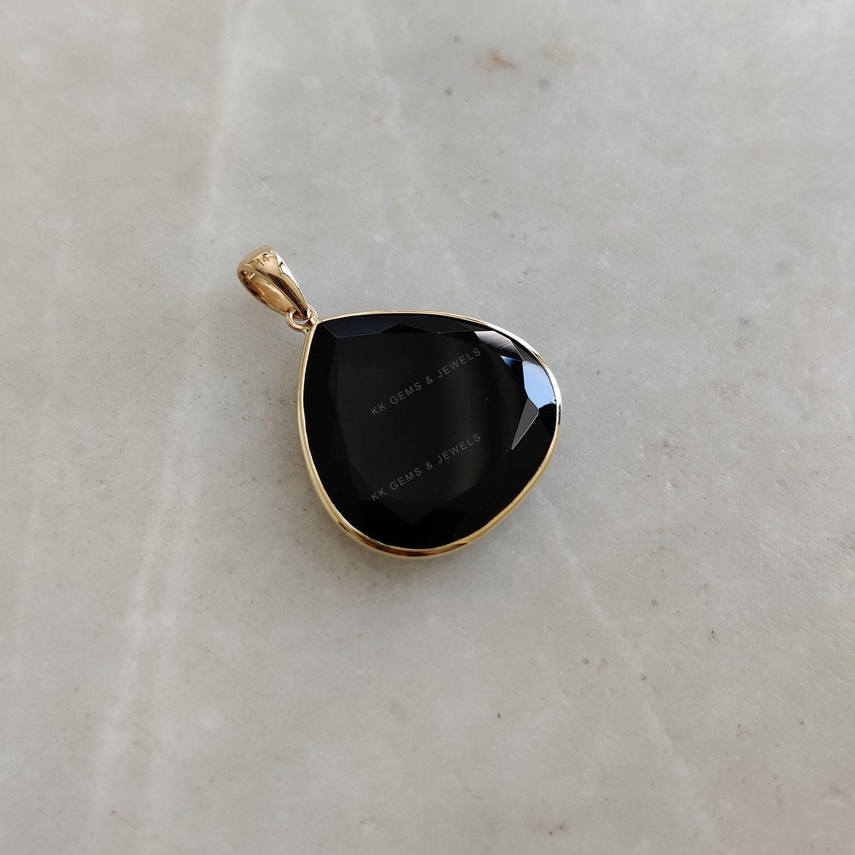 Natural Black Onyx Trillion Pendant, 14K Solid Yellow Gold, December Birthstone
