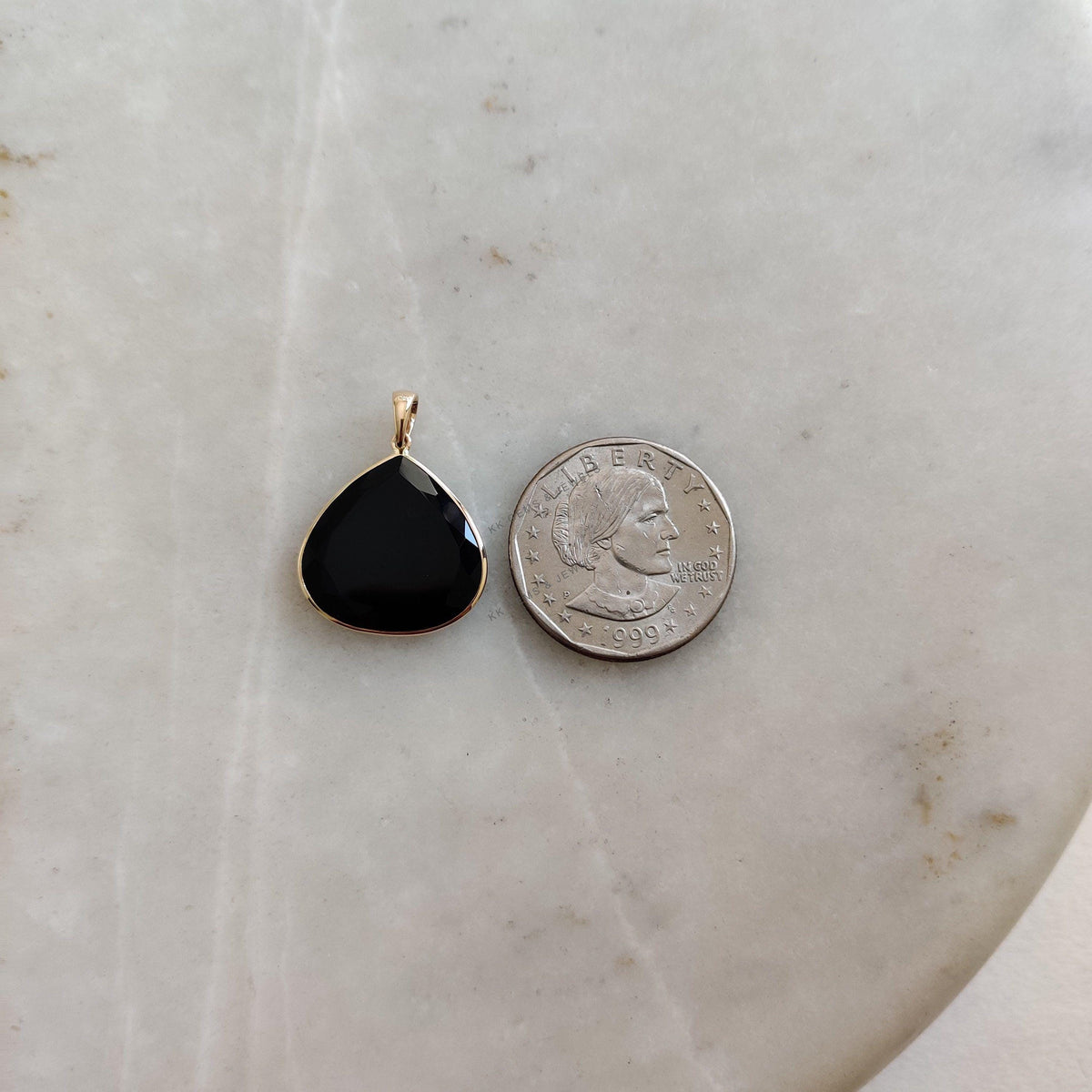 Natural Black Onyx Trillion Pendant, 14K Solid Yellow Gold, December Birthstone