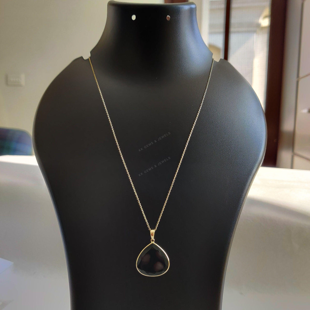 Natural Black Onyx Trillion Pendant, 14K Solid Yellow Gold, December Birthstone