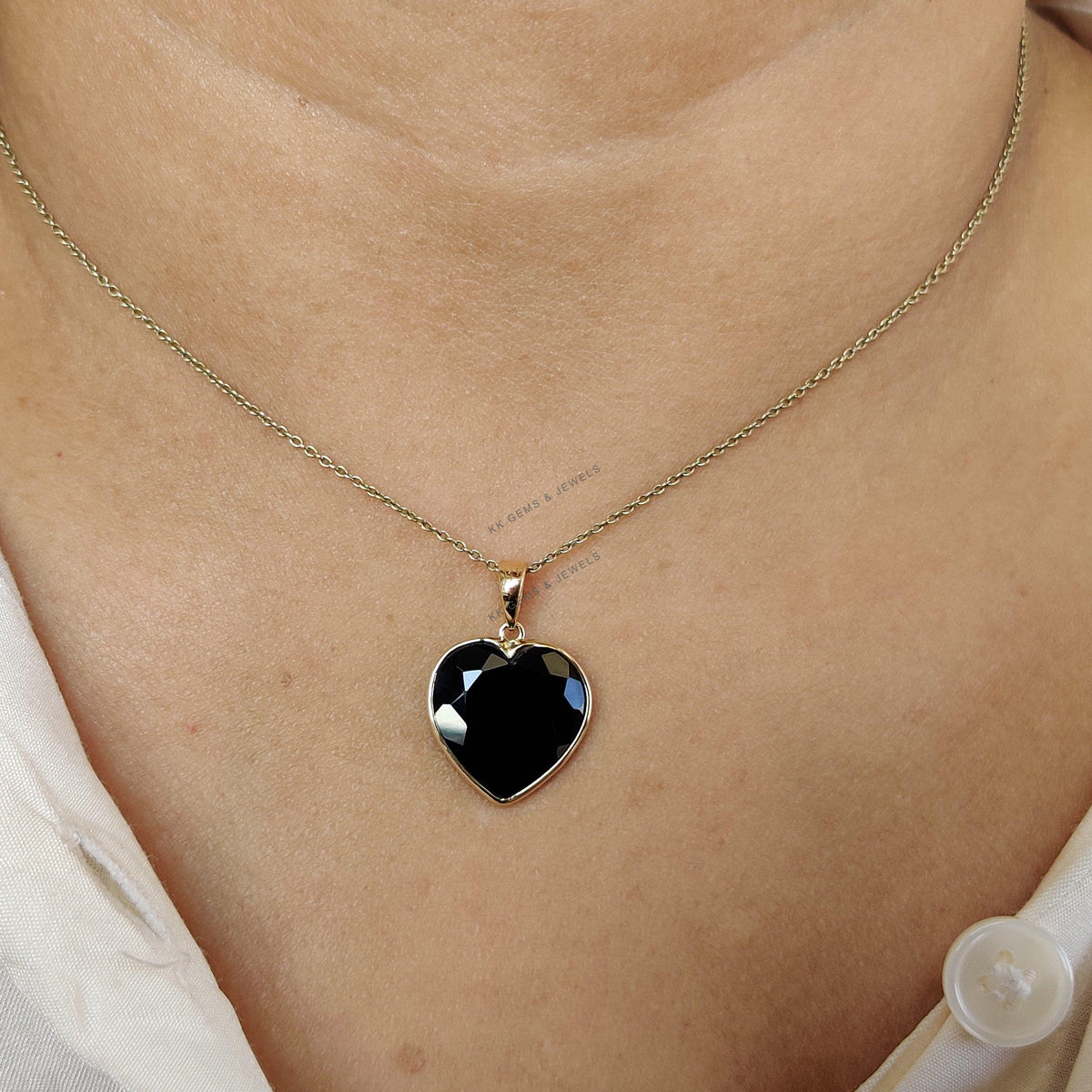 14K Solid Yellow Gold Natural Black Onyx Heart Pendant, December Birthstone, Christmas Present