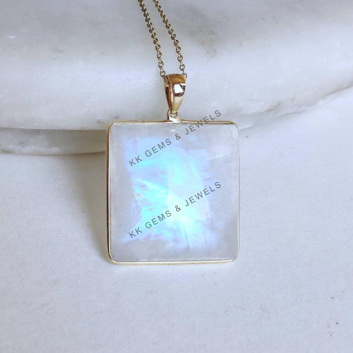 14K Solid Gold Natural Rainbow Moonstone Bezel Pendant, June Birthstone