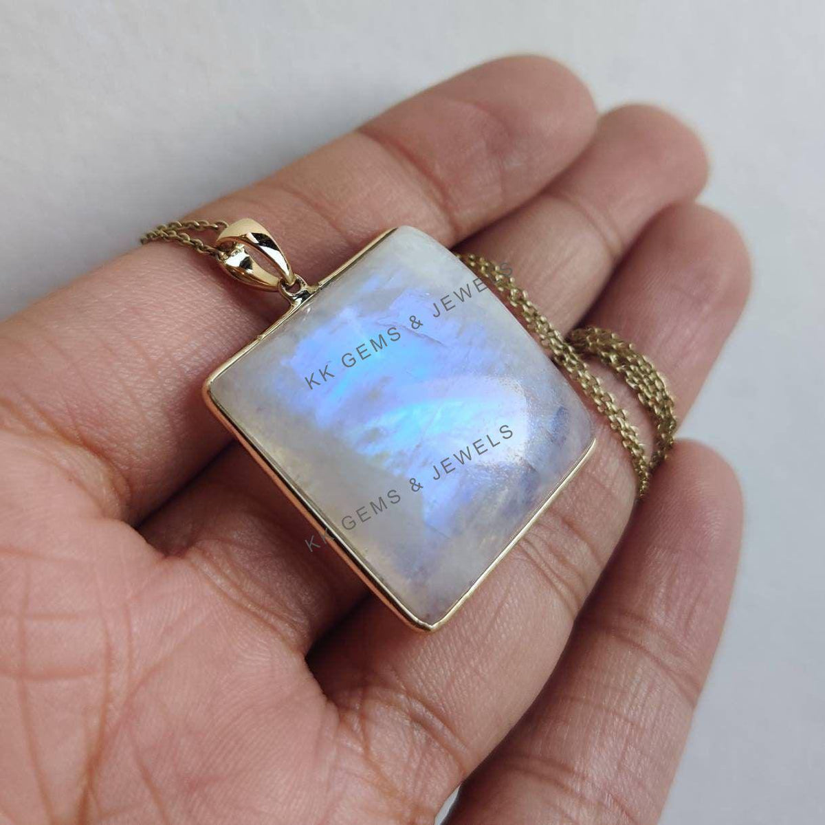14K Solid Gold Natural Rainbow Moonstone Bezel Pendant, June Birthstone