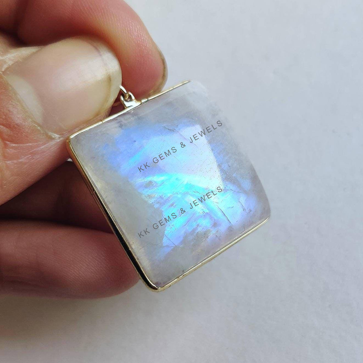 14K Solid Gold Natural Rainbow Moonstone Bezel Pendant, June Birthstone