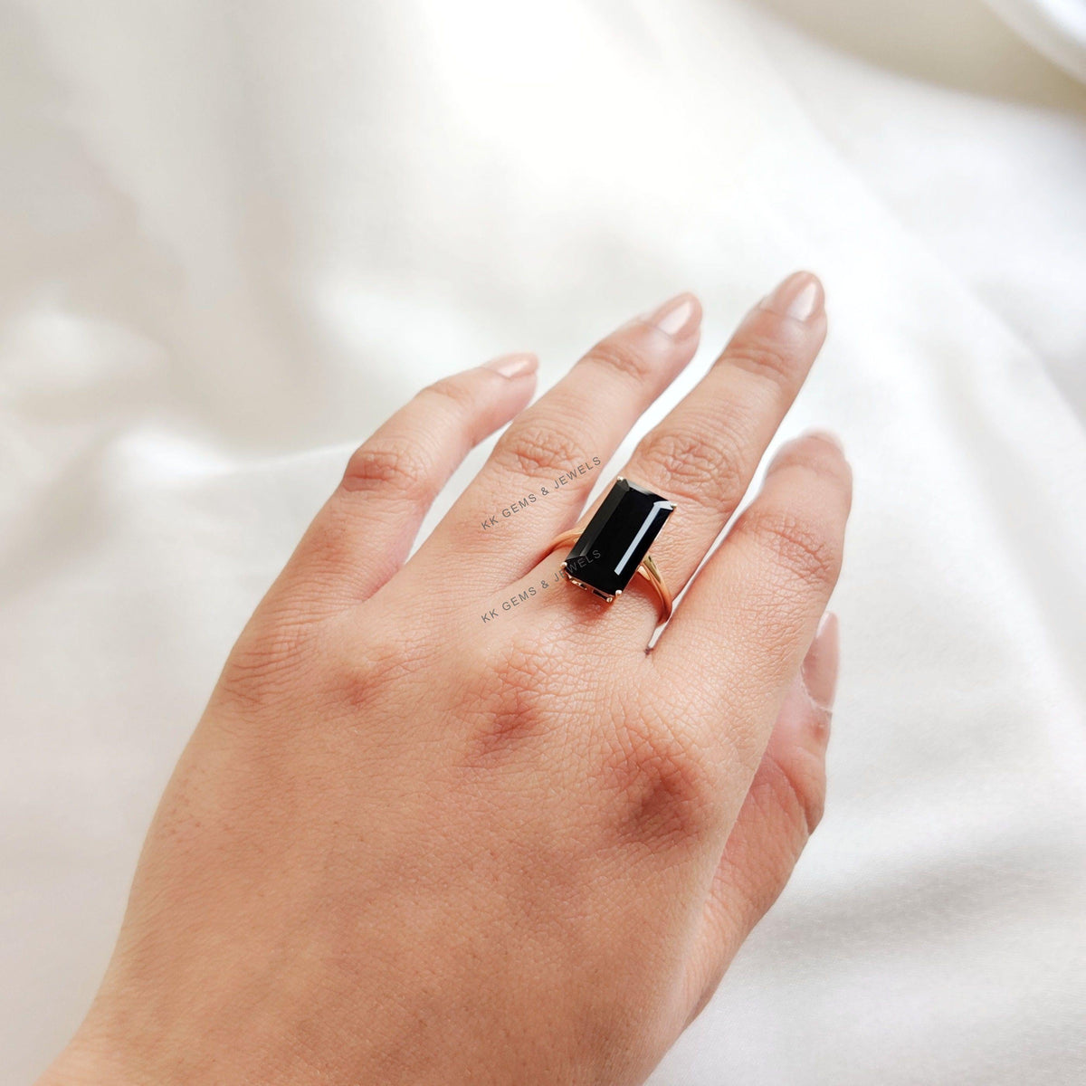 14K Solid Yellow Gold Natural Black Onyx Octagon Ring, December Birthstone