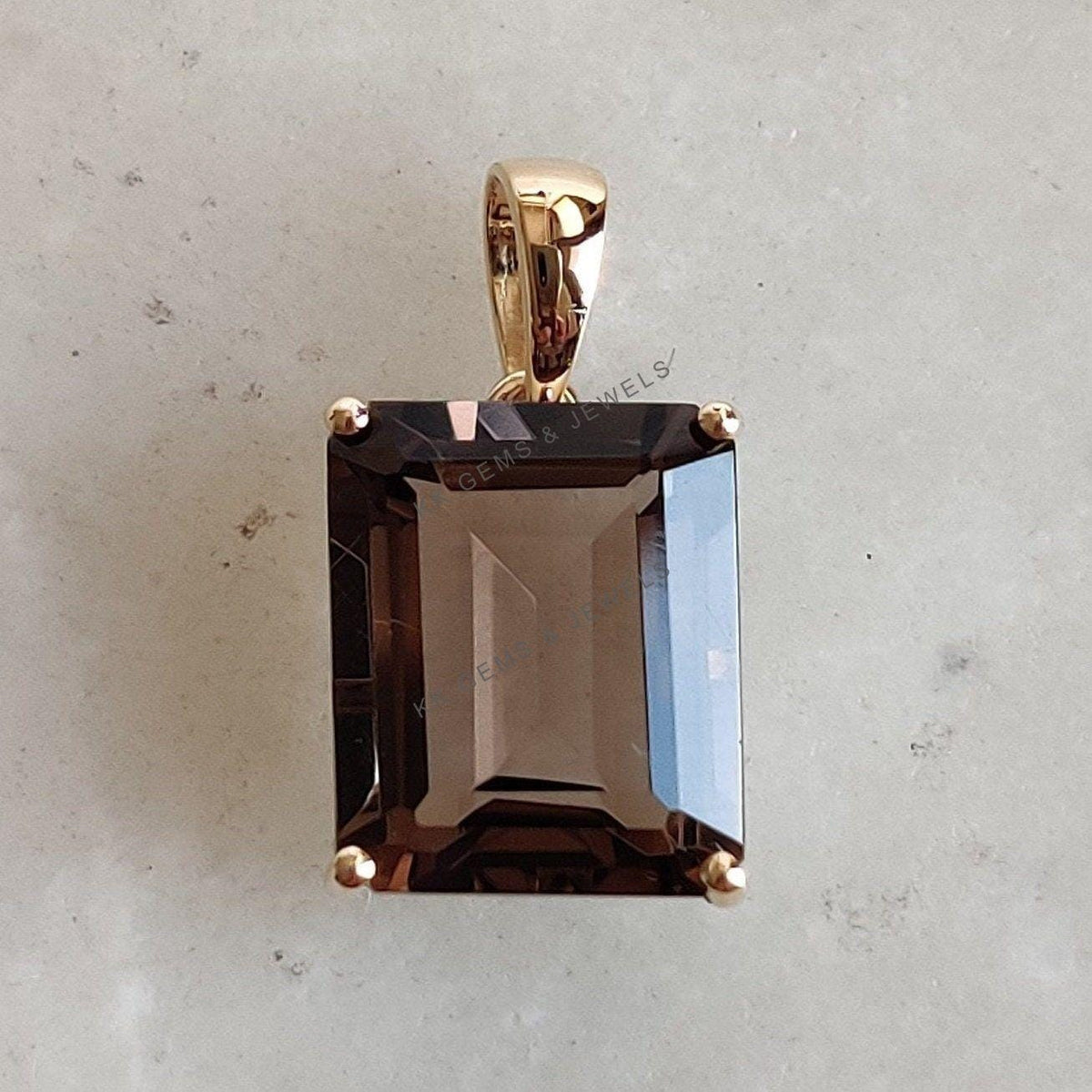 14K Solid Yellow Gold Natural Smoky Quartz Octagon Pendant, June Birthstone