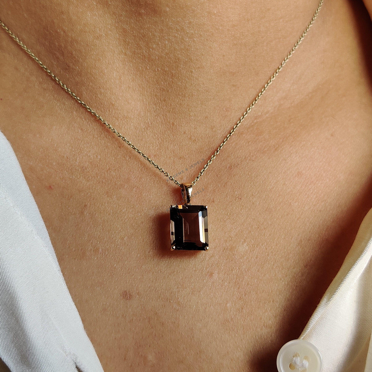 14K Solid Yellow Gold Natural Smoky Quartz Octagon Pendant, June Birthstone