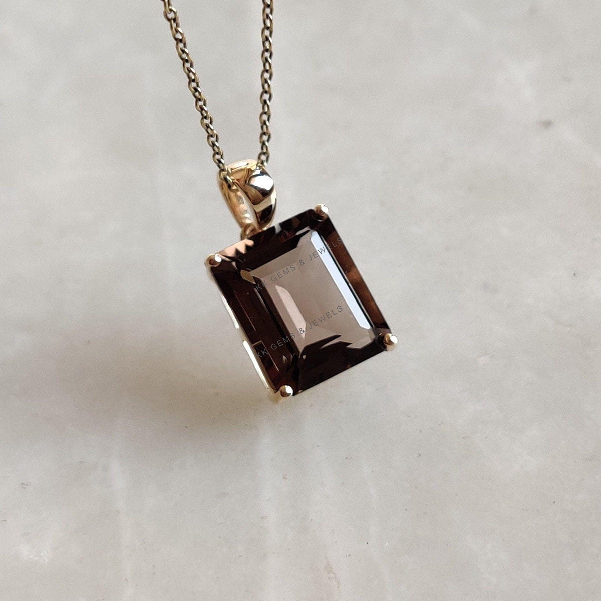 14K Solid Yellow Gold Natural Smoky Quartz Octagon Pendant, June Birthstone