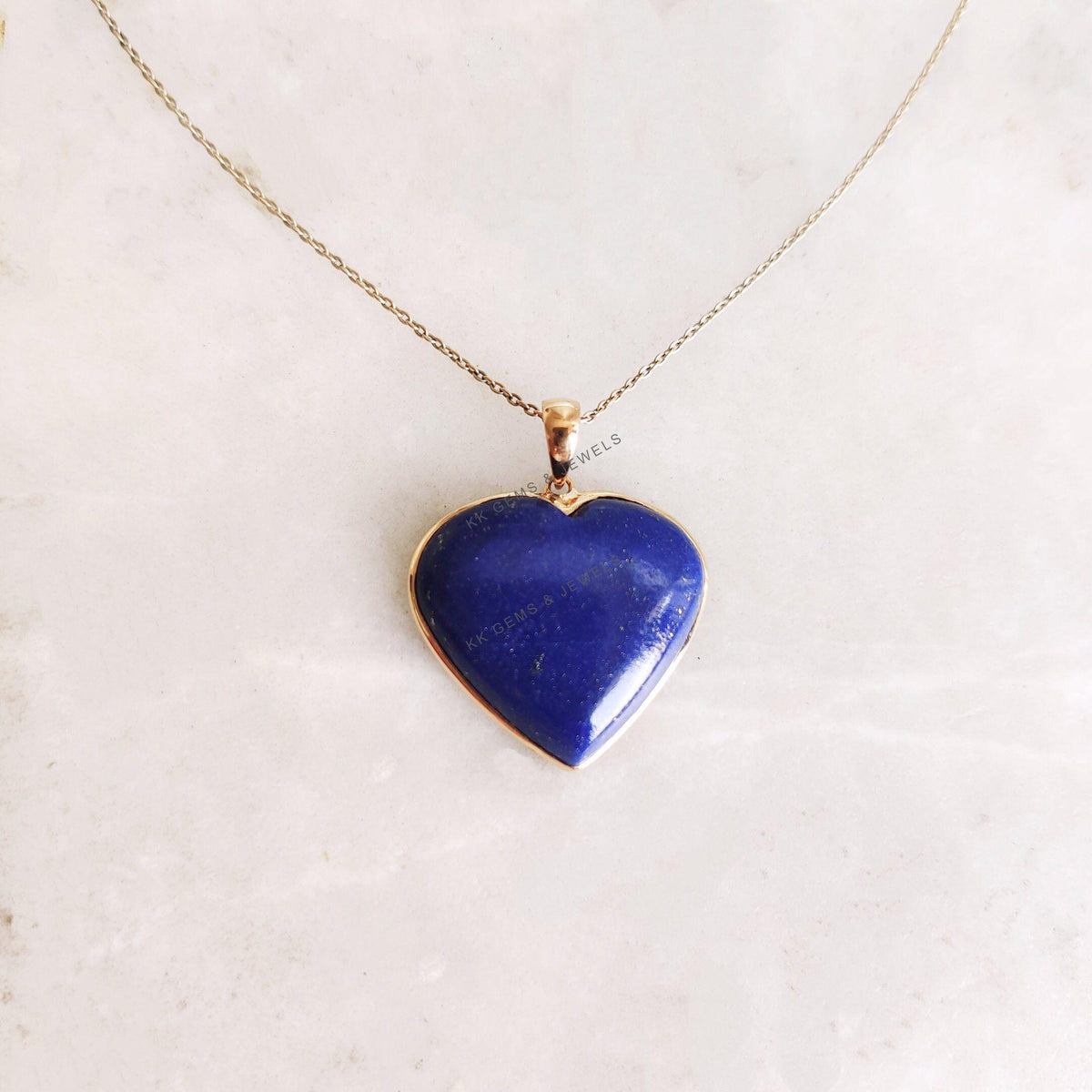 14K Solid Gold Natural Lapis Lazuli Heart Pendant, September Birthstone