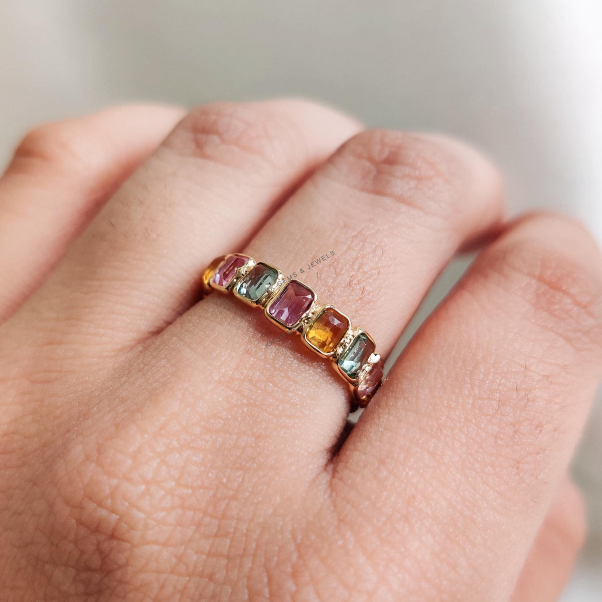 Natural Multi Sapphire Ring, 14K Solid Yellow Gold Baguette Eternity Band