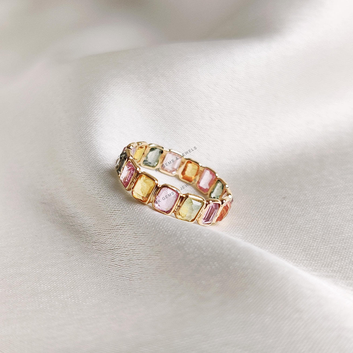 Natural Multi Sapphire Ring, 14K Solid Yellow Gold Baguette Eternity Band