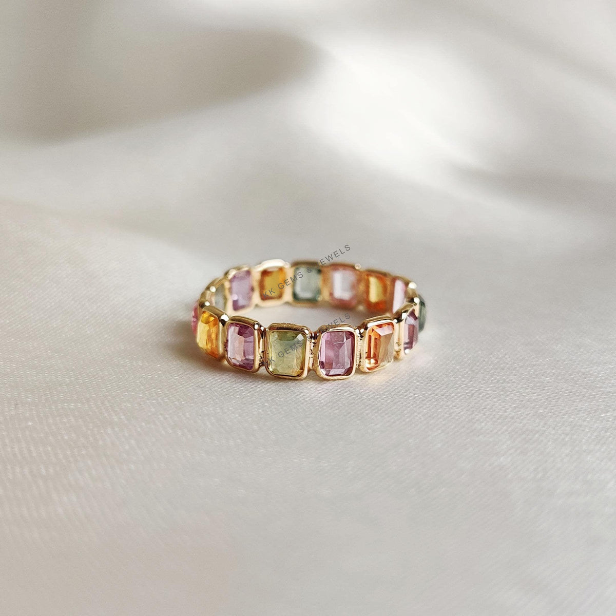 Natural Multi Sapphire Ring, 14K Solid Yellow Gold Baguette Eternity Band