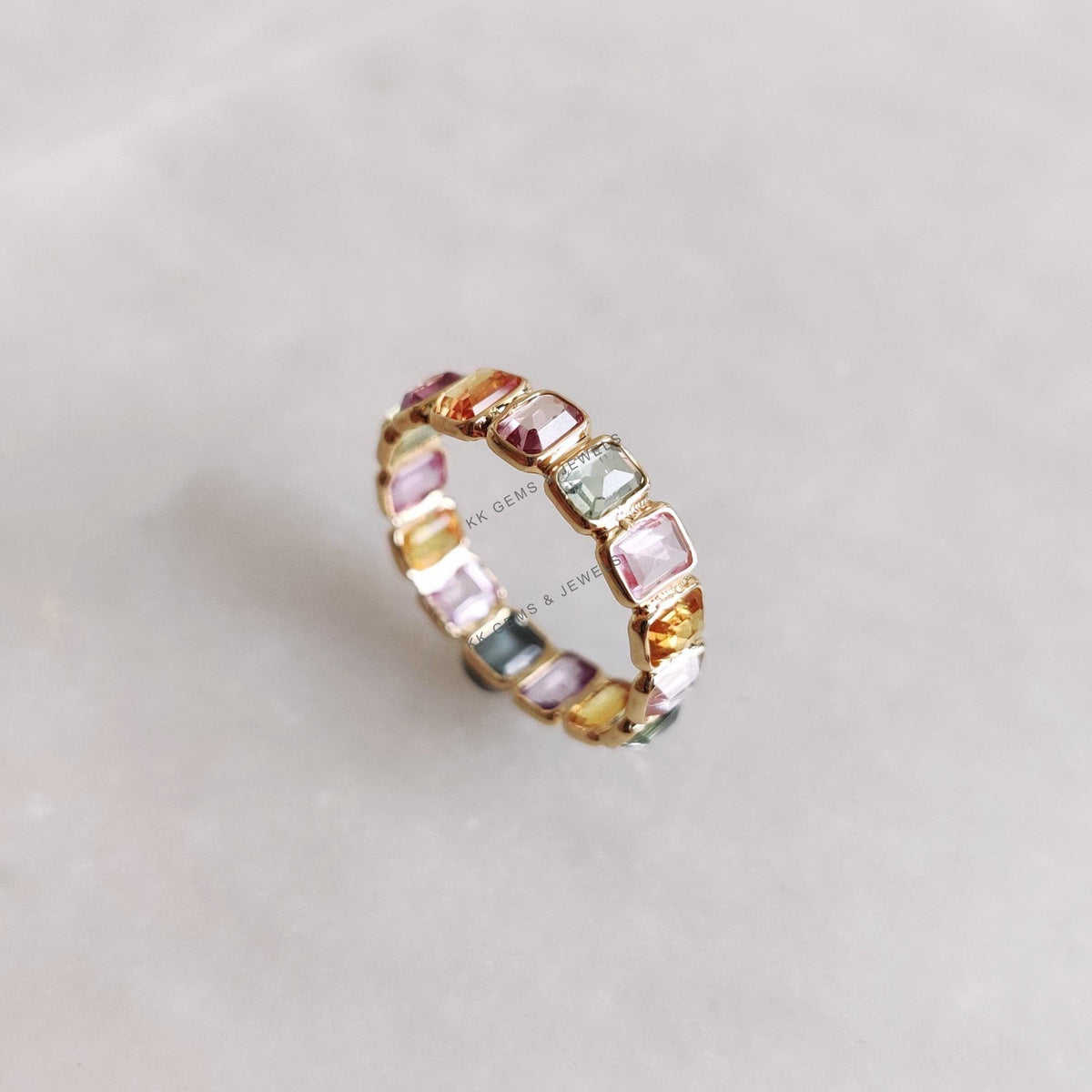 Natural Multi Sapphire Ring, 14K Solid Yellow Gold Baguette Eternity Band