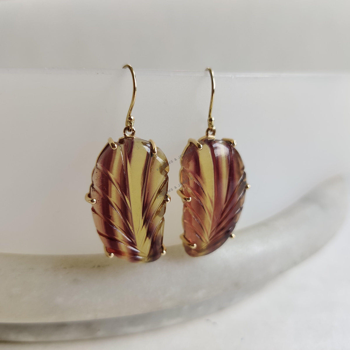 Natural Carving Fluorite Earrings, 14K Solid Yellow Gold, March Birthstone