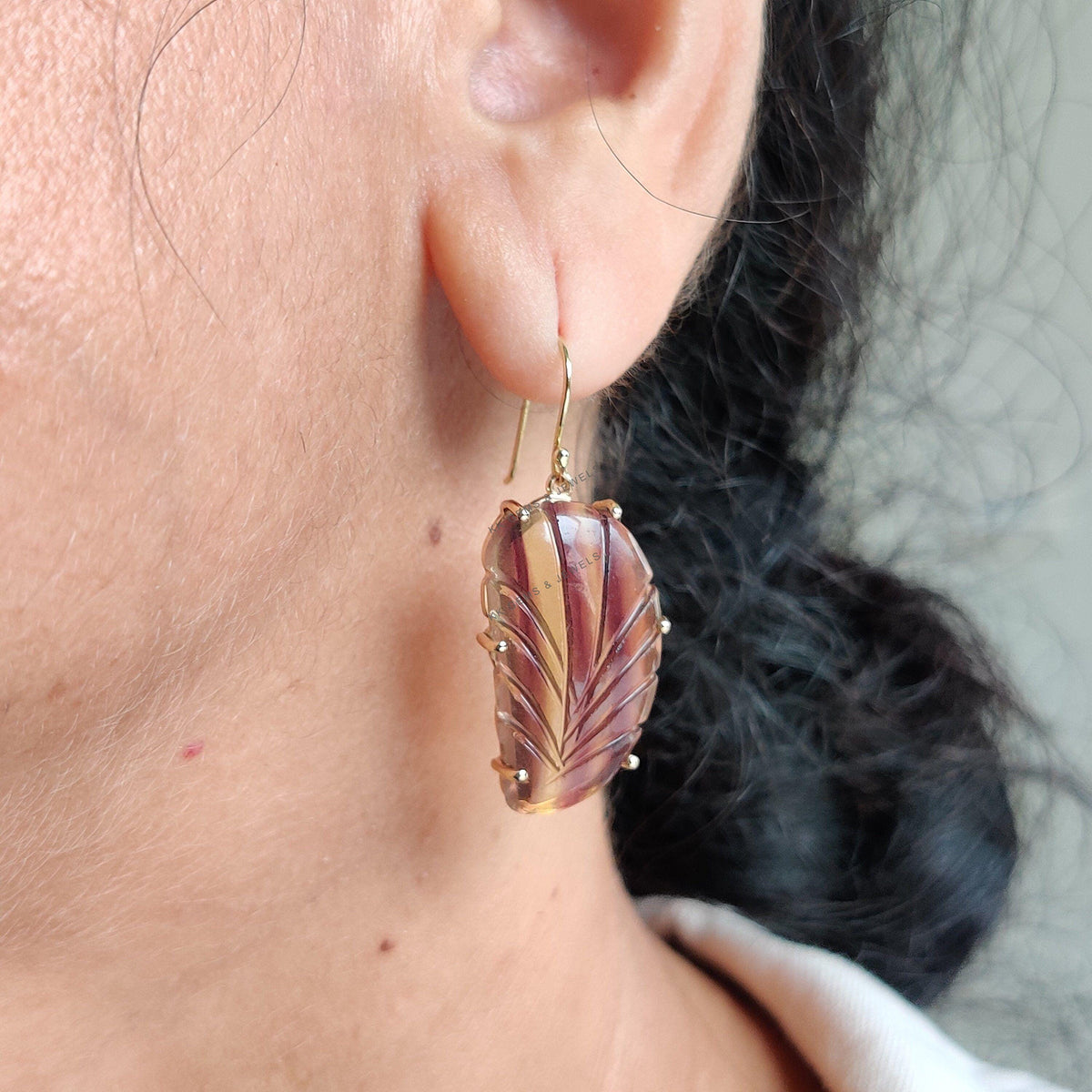 Natural Carving Fluorite Earrings, 14K Solid Yellow Gold, March Birthstone