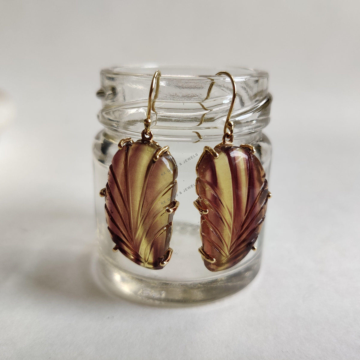 Natural Carving Fluorite Earrings, 14K Solid Yellow Gold, March Birthstone