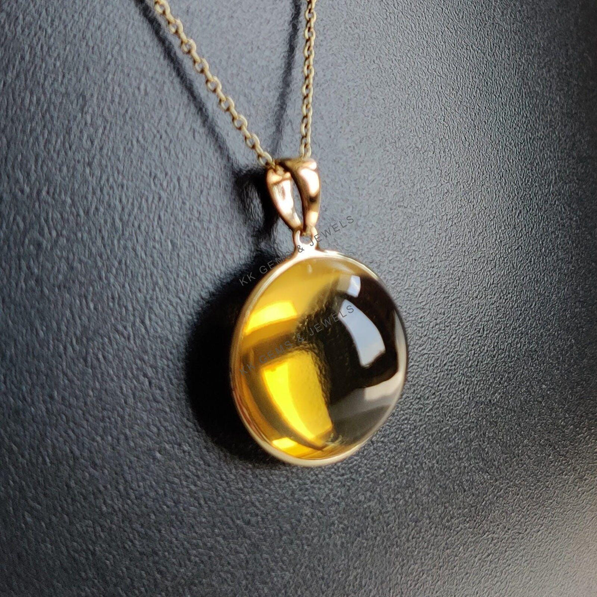 14K Solid Gold Natural Citrine Pendant, Round Cabochon Bezel, November Birthstone