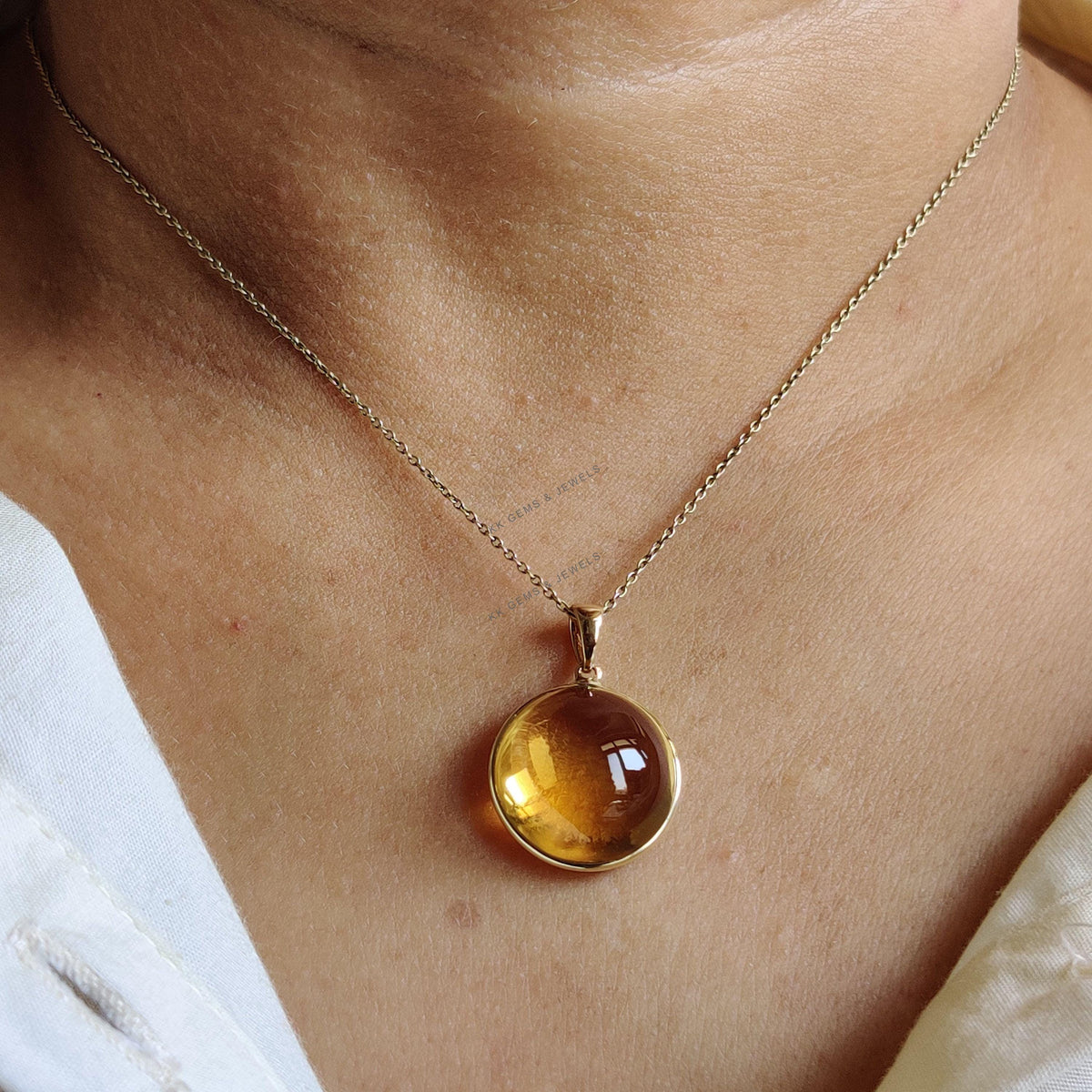 14K Solid Gold Natural Citrine Pendant, Round Cabochon Bezel, November Birthstone