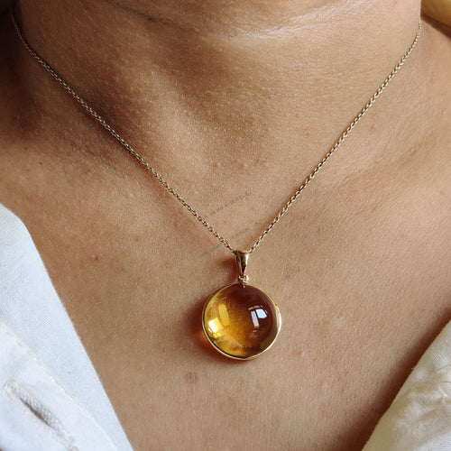 14K Solid Gold Natural Citrine Pendant, Round Cabochon Bezel, November Birthstone