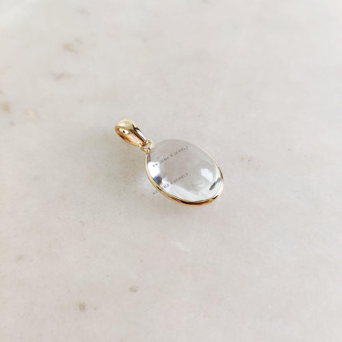 14K Solid Gold Natural Clear Quartz Bezel Pendant, April Birthstone