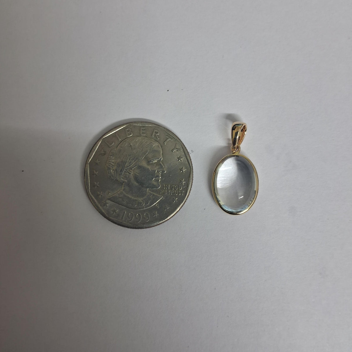 14K Solid Gold Natural Clear Quartz Bezel Pendant, April Birthstone