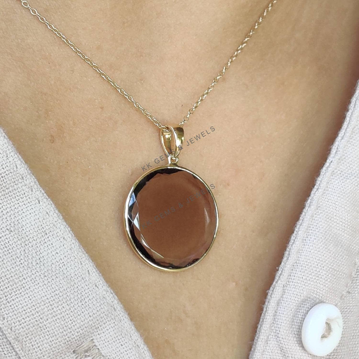 14K Solid Yellow Gold Natural Smoky Quartz Pendant, Round Flat Cut June Birthstone