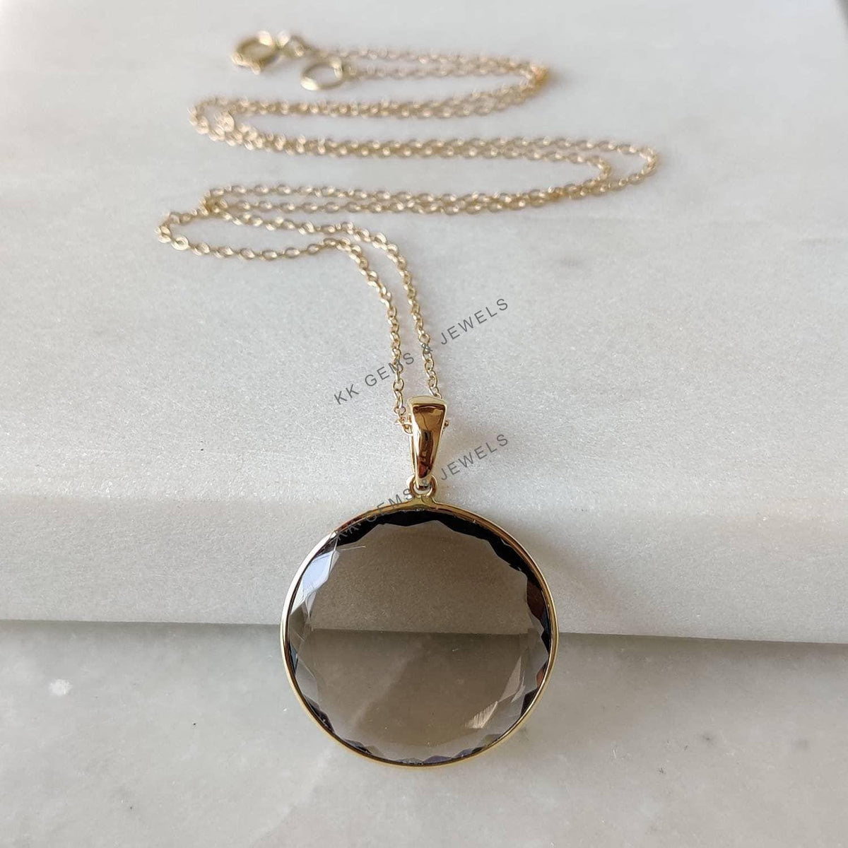 14K Solid Yellow Gold Natural Smoky Quartz Pendant, Round Flat Cut June Birthstone