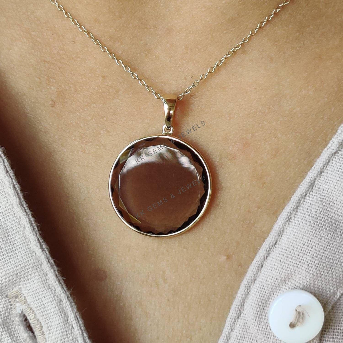 14K Solid Yellow Gold Natural Smoky Quartz Pendant, Round Flat Cut June Birthstone