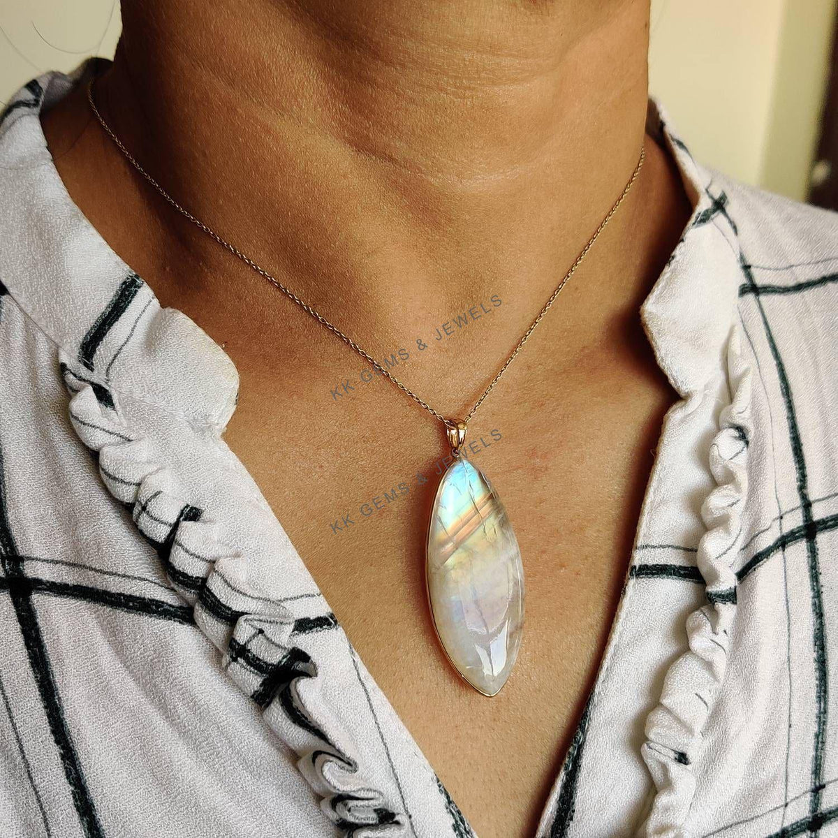 Natural Rainbow Moonstone Pendant, 14K Solid Yellow Gold Marquise Cabochon