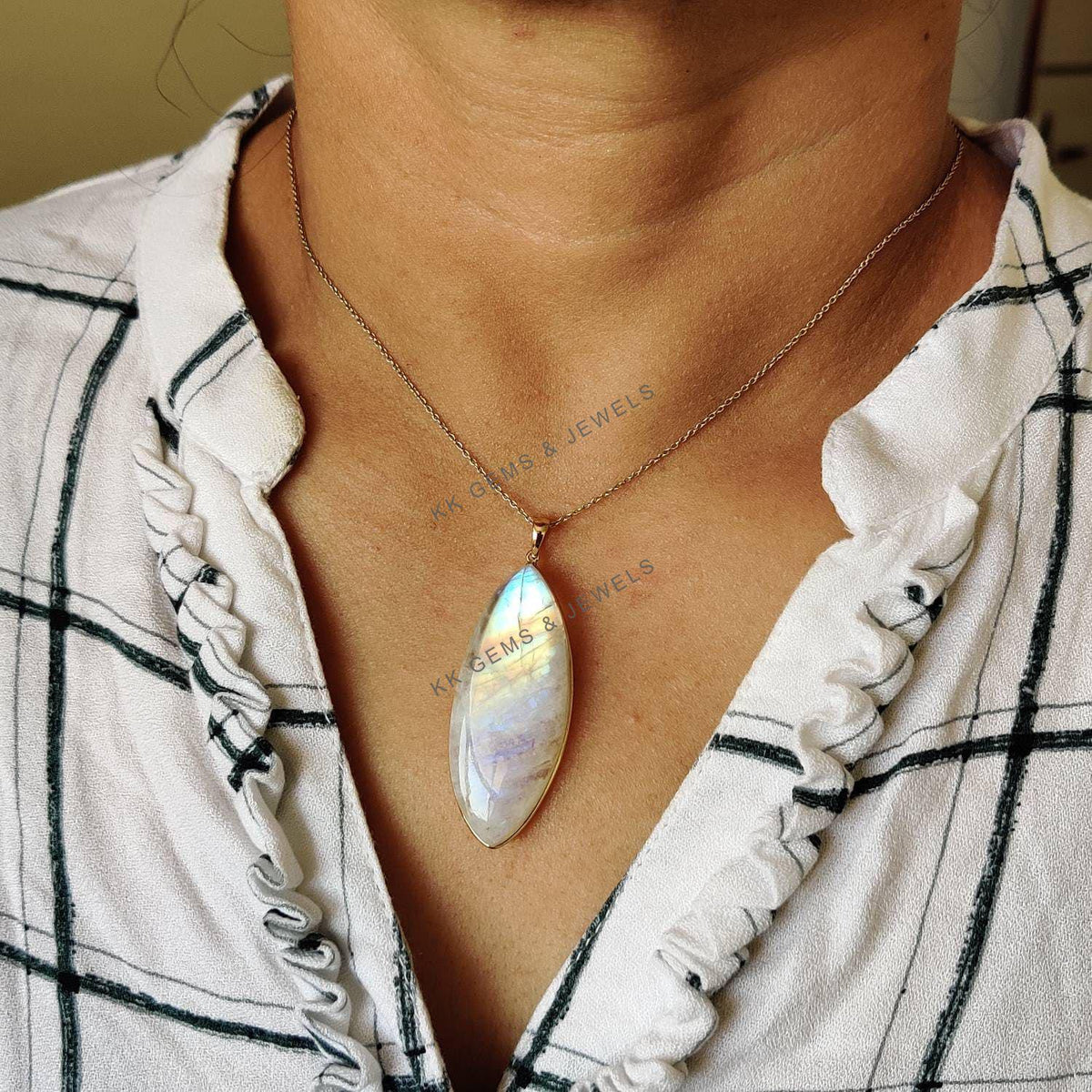 Natural Rainbow Moonstone Pendant, 14K Solid Yellow Gold Marquise Cabochon