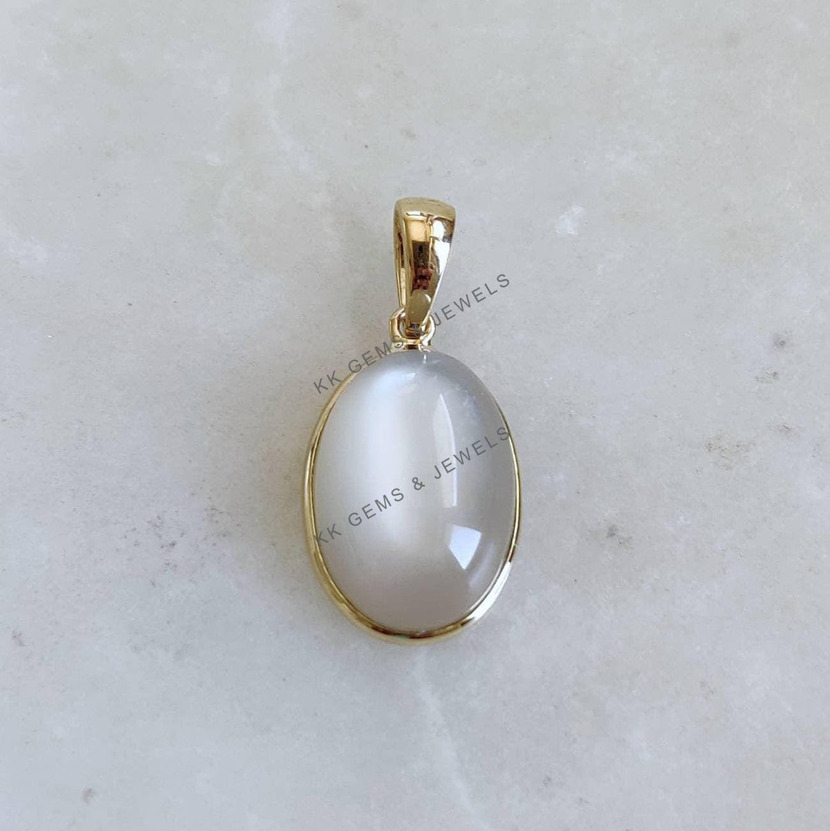 14K Solid Gold Natural White Moonstone Pendant, Oval Bezel, June Birthstone