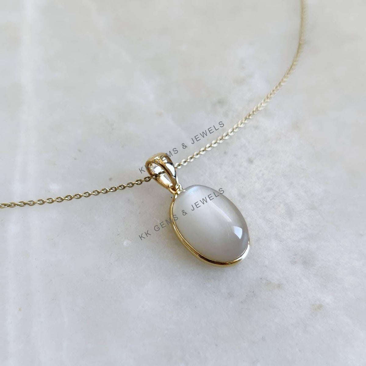 14K Solid Gold Natural White Moonstone Pendant, Oval Bezel, June Birthstone