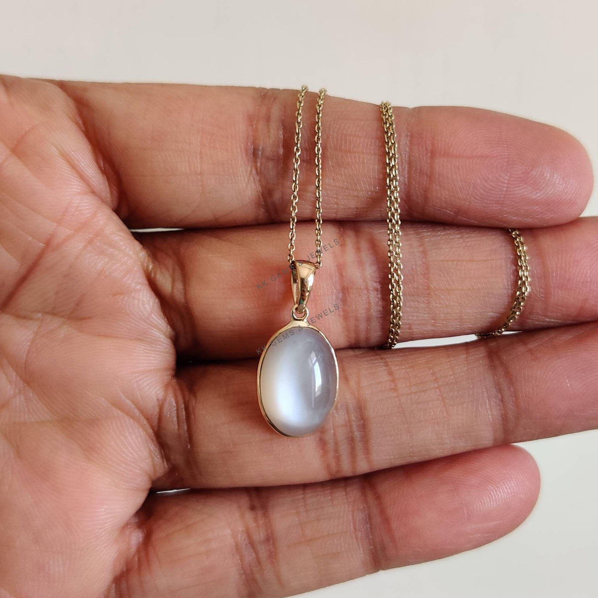 14K Solid Gold Natural White Moonstone Pendant, Oval Bezel, June Birthstone