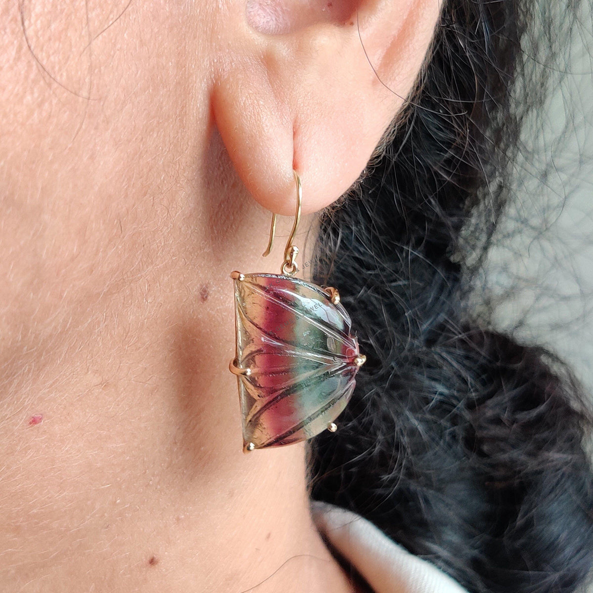 Carved Natural Fluorite Earrings, 14K Solid Yellow Gold, March Birthstone