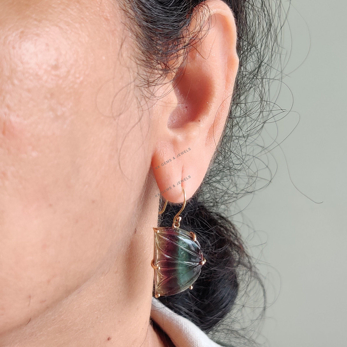 Carved Natural Fluorite Earrings, 14K Solid Yellow Gold, March Birthstone