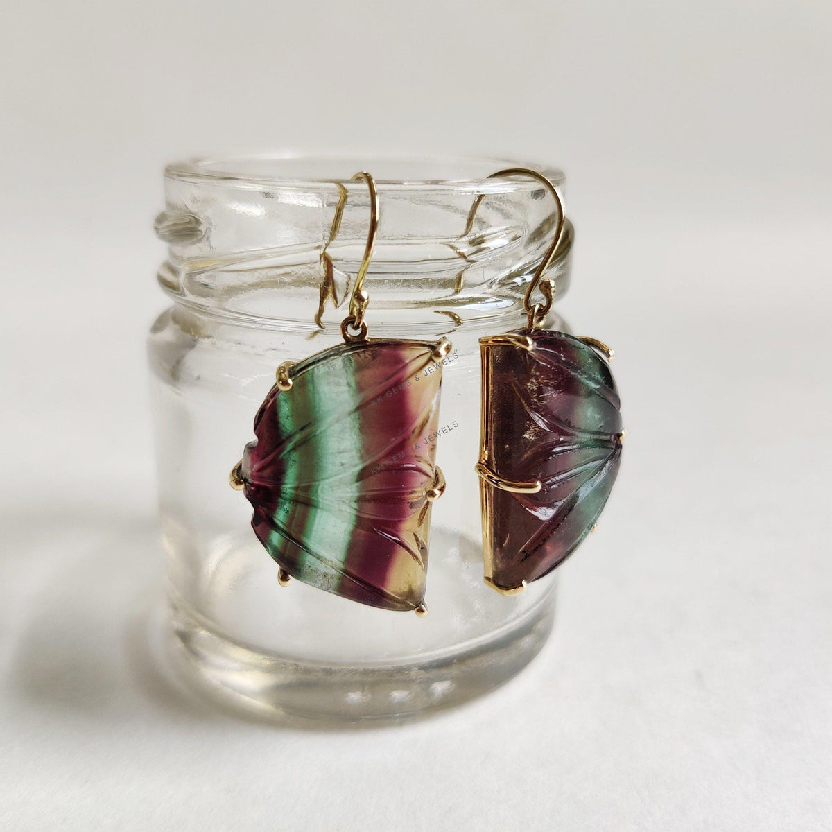 Carved Natural Fluorite Earrings, 14K Solid Yellow Gold, March Birthstone