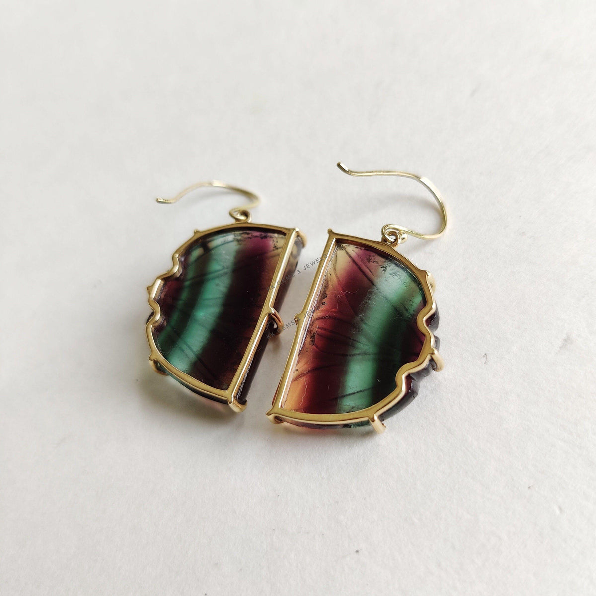 Carved Natural Fluorite Earrings, 14K Solid Yellow Gold, March Birthstone