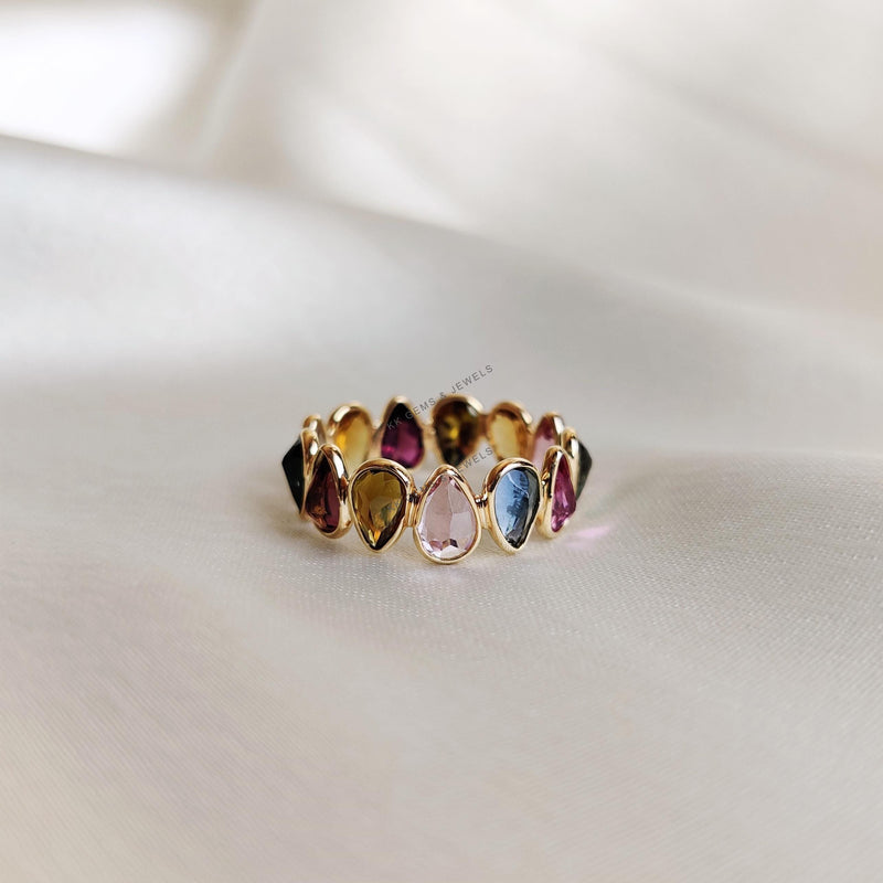 14K Solid Gold Natural Multi Tourmaline Pear Cut Stackable Ring, October Birthstone