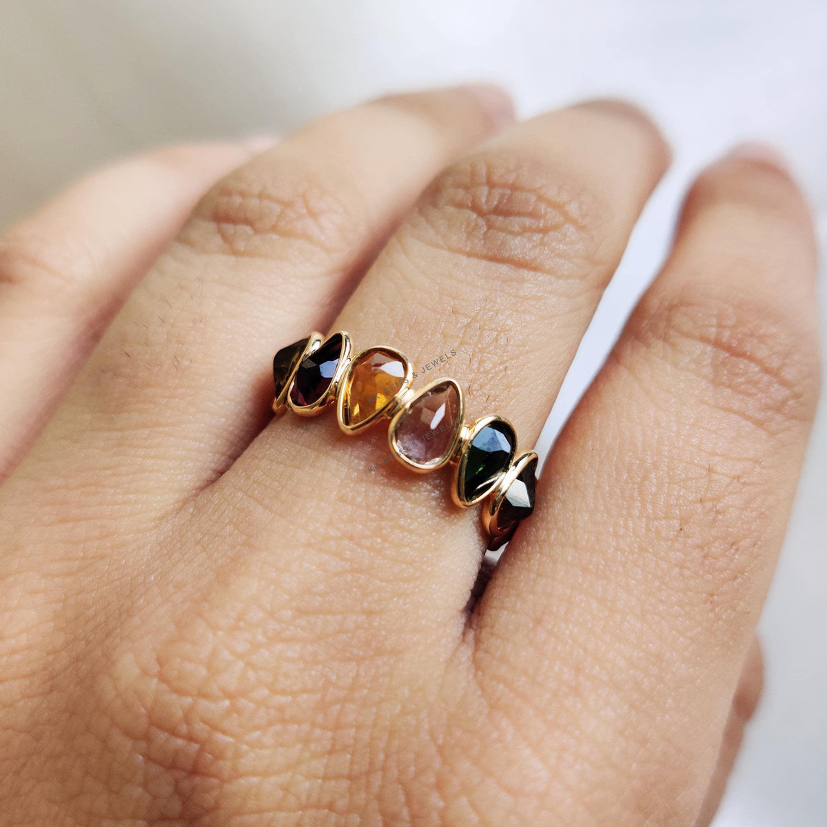 14K Solid Gold Natural Multi Tourmaline Pear Cut Stackable Ring, October Birthstone
