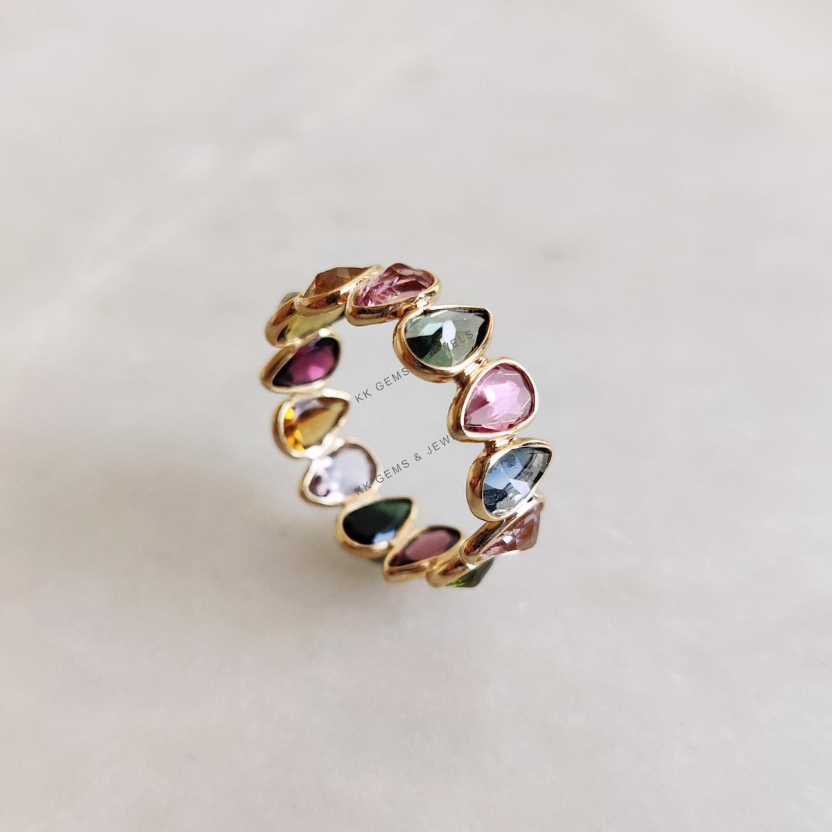14K Solid Gold Natural Multi Tourmaline Pear Cut Stackable Ring, October Birthstone