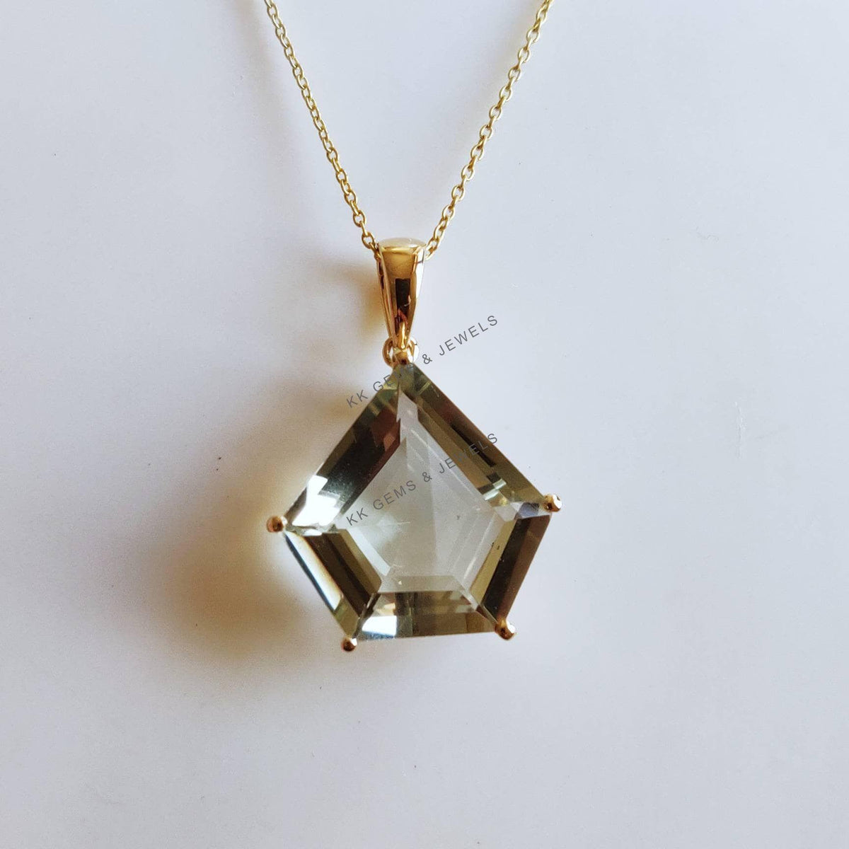 14K Solid Gold Natural Green Amethyst Pentagon Pendant, February Birthstone