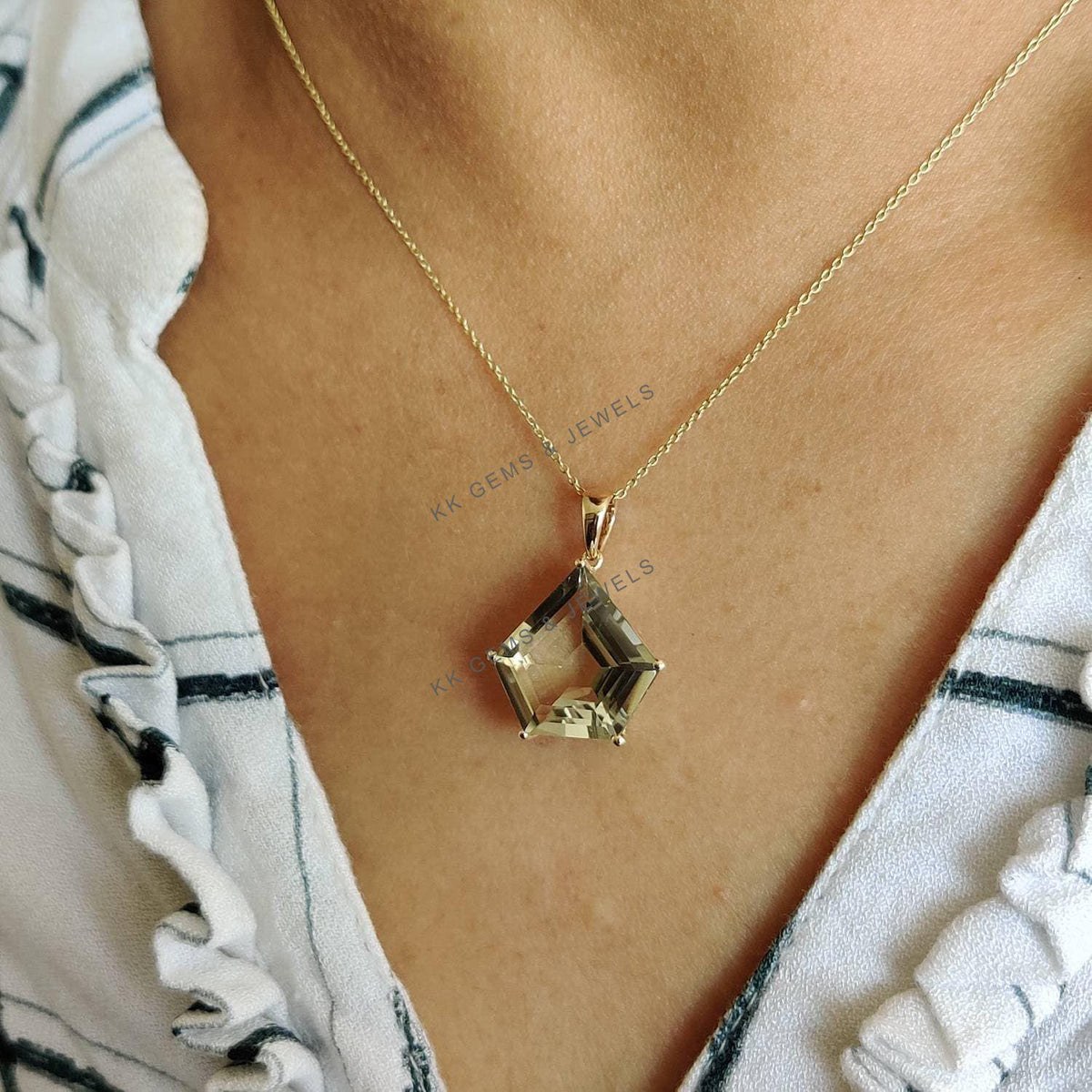 14K Solid Gold Natural Green Amethyst Pentagon Pendant, February Birthstone